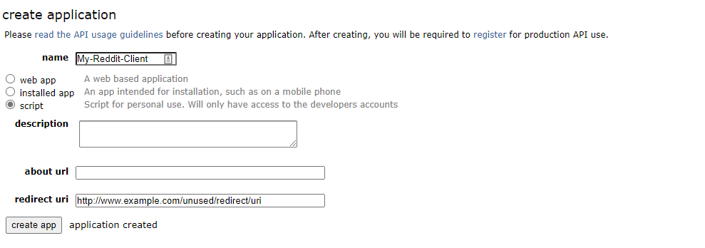 The finished application creation